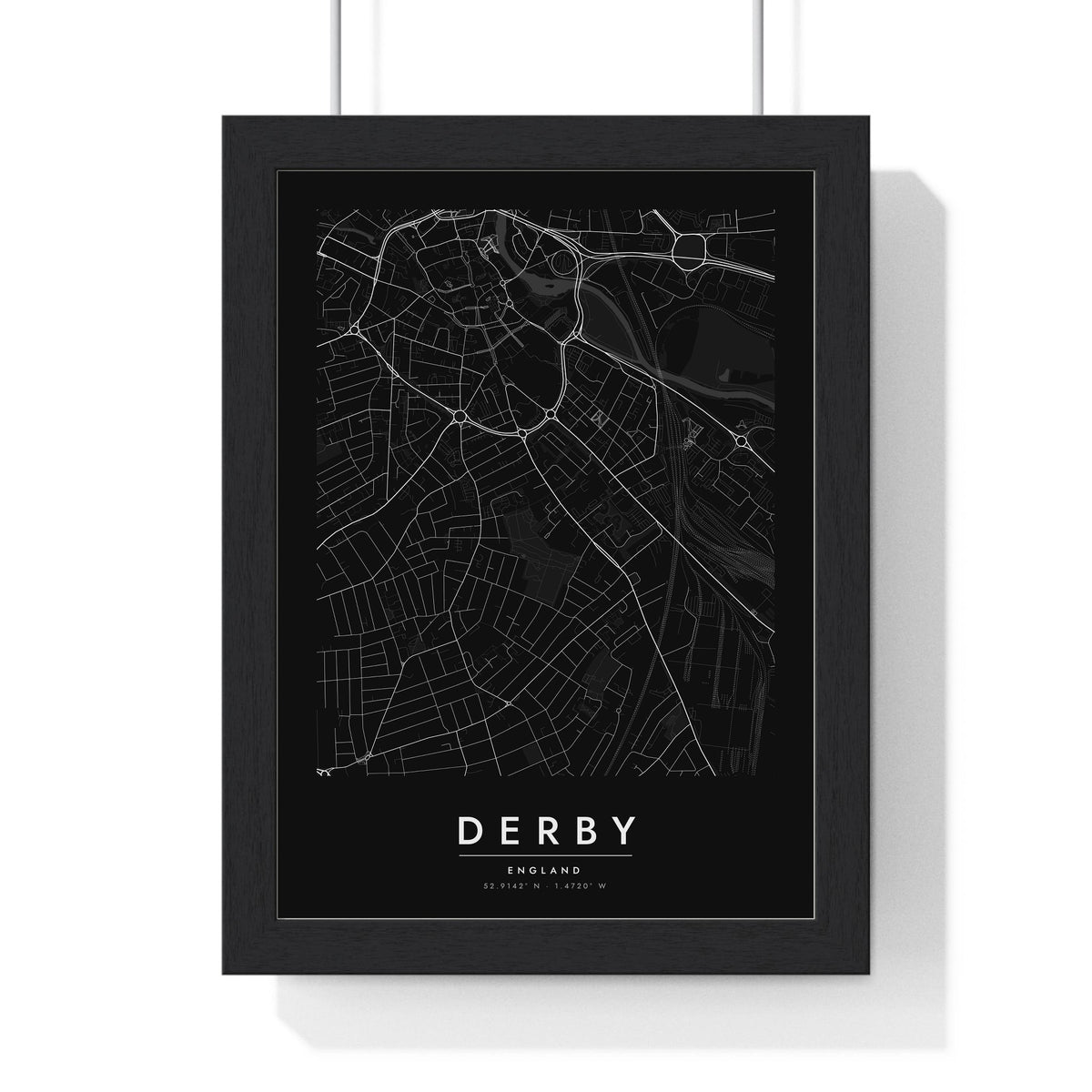 Derby street map poster in black, minimal city map print framed in a black frame