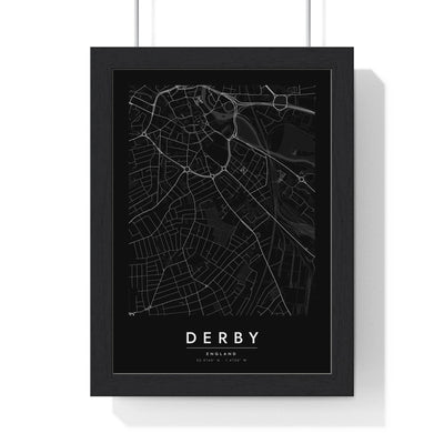 Derby street map poster in black, minimal city map print framed in a black frame