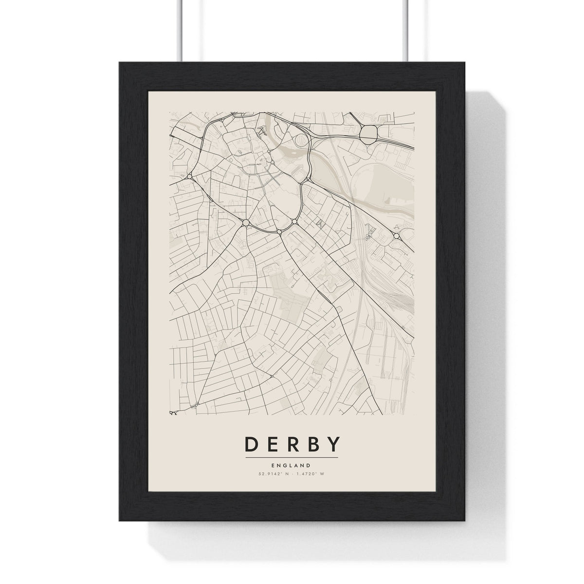 Derby street map poster in cream, minimal city map print framed in a black frame