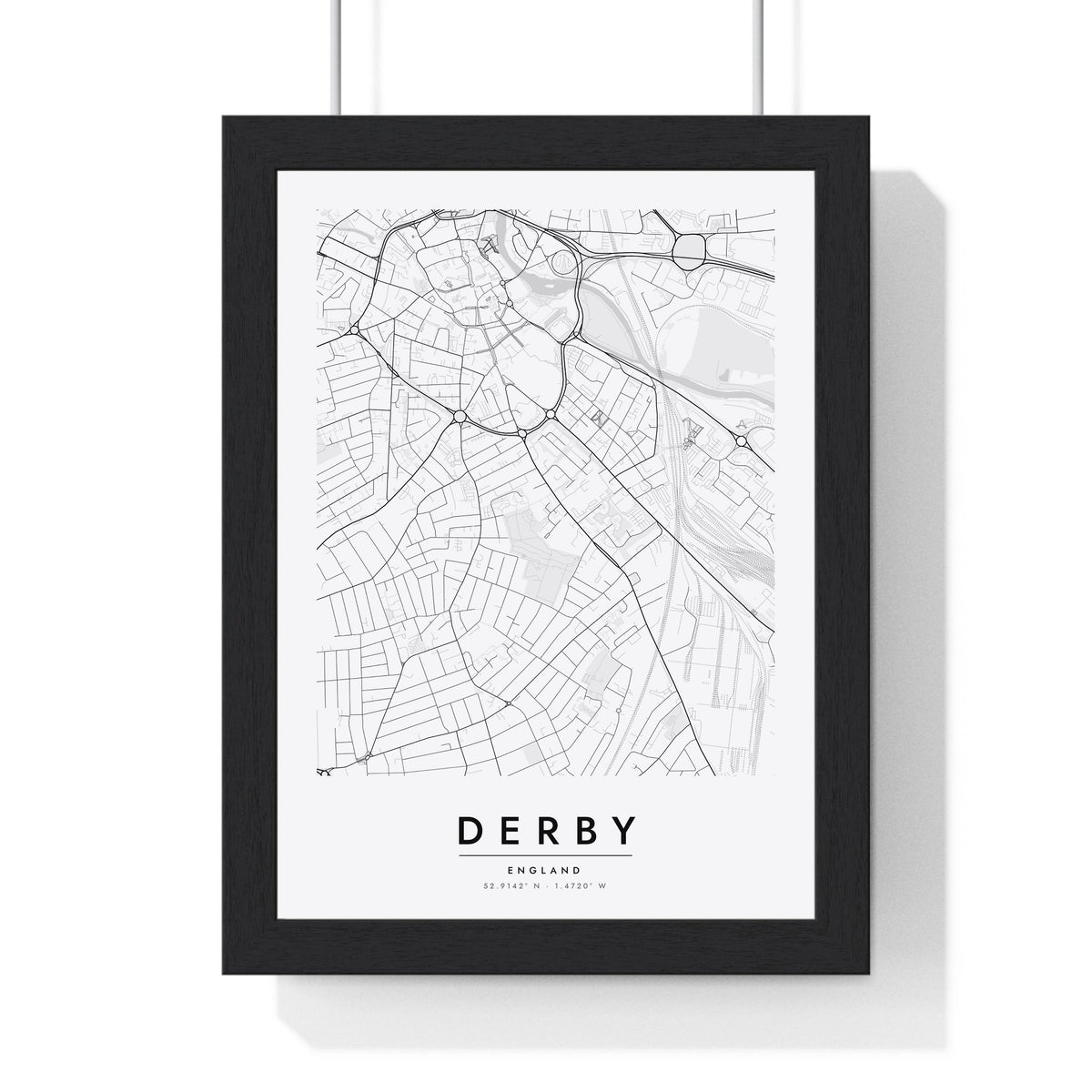 Derby street map poster in white, minimal city map print framed in a black frame