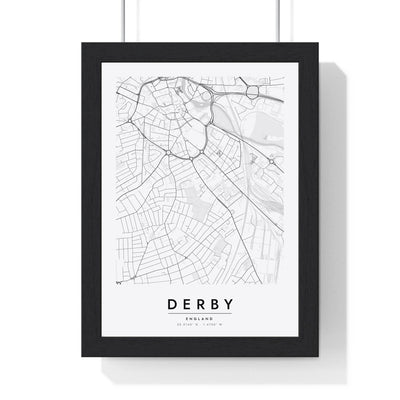 Derby street map poster in white, minimal city map print framed in a black frame