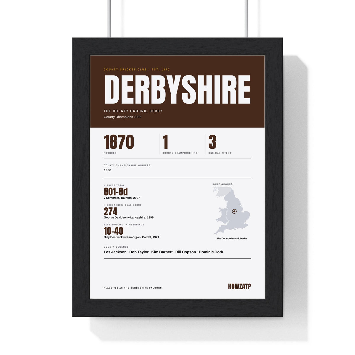 Derbyshire Cricket print framed in a black frame, ready to hang