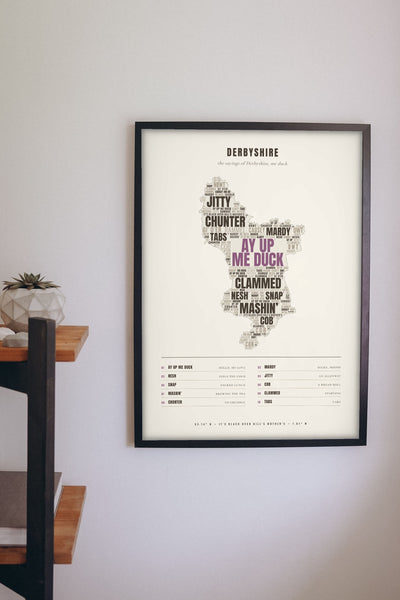 Derbyshire Sayings Poster framed on a wall