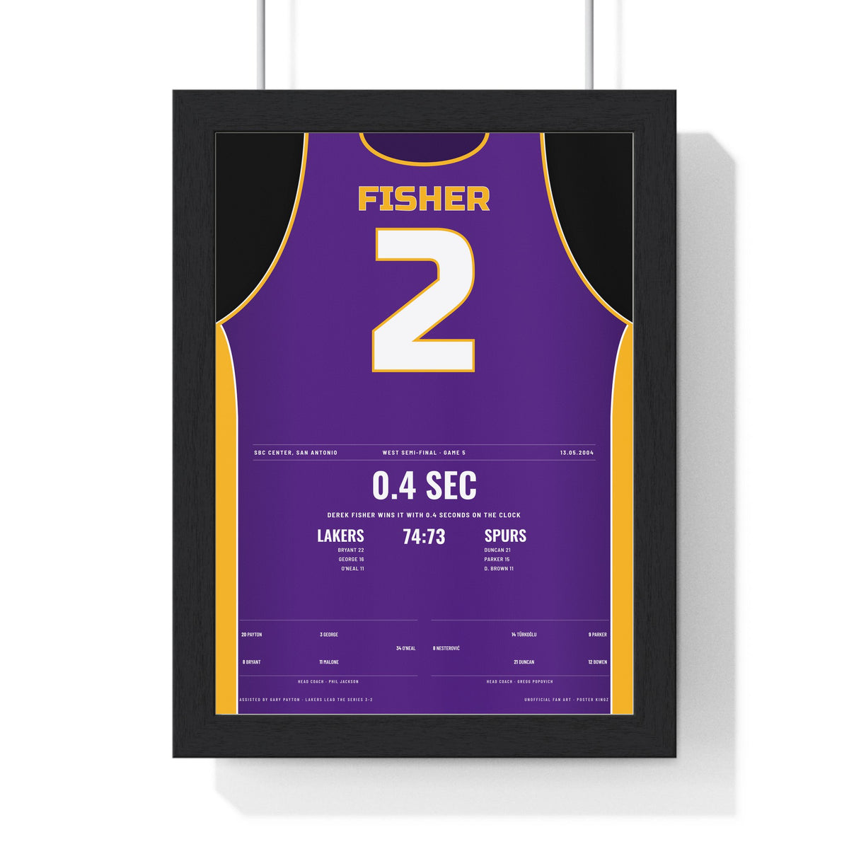Derek Fisher 2004 0.4 Seconds Poster - Los Angeles Lakers 2 Buzzer-Beater Jersey Print framed in a black frame, ready to hang