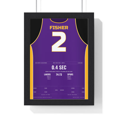 Derek Fisher 2004 0.4 Seconds Poster - Los Angeles Lakers 2 Buzzer-Beater Jersey Print framed in a black frame, ready to hang
