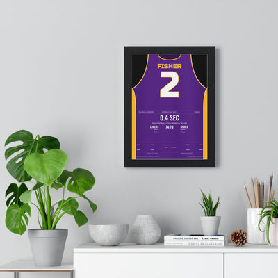 Derek Fisher 2004 0.4 Seconds Poster - Los Angeles Lakers 2 Buzzer-Beater Jersey Print framed on a living room wall
