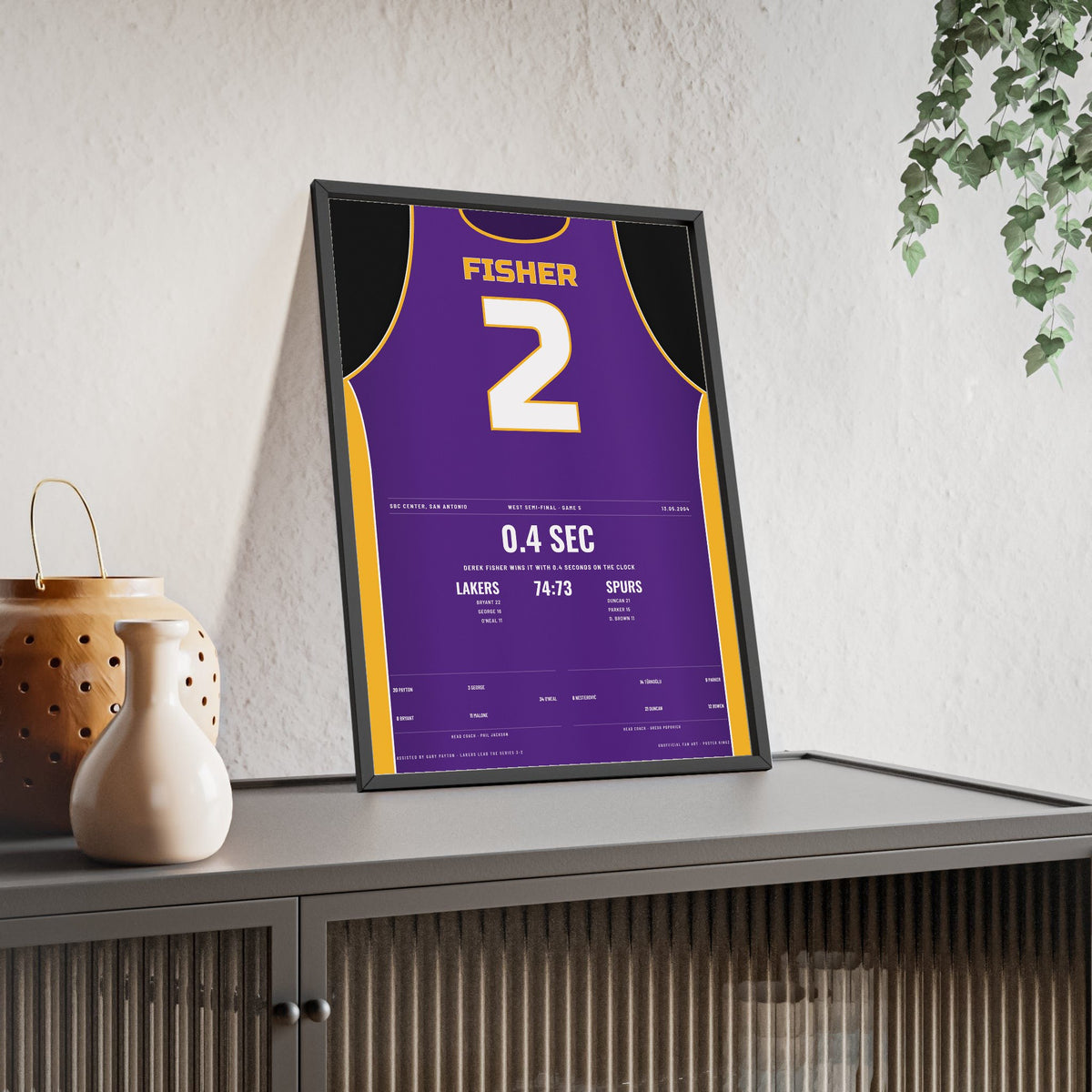 Derek Fisher 2004 0.4 Seconds Poster - Los Angeles Lakers 2 Buzzer-Beater Jersey Print framed and leaning on a sideboard