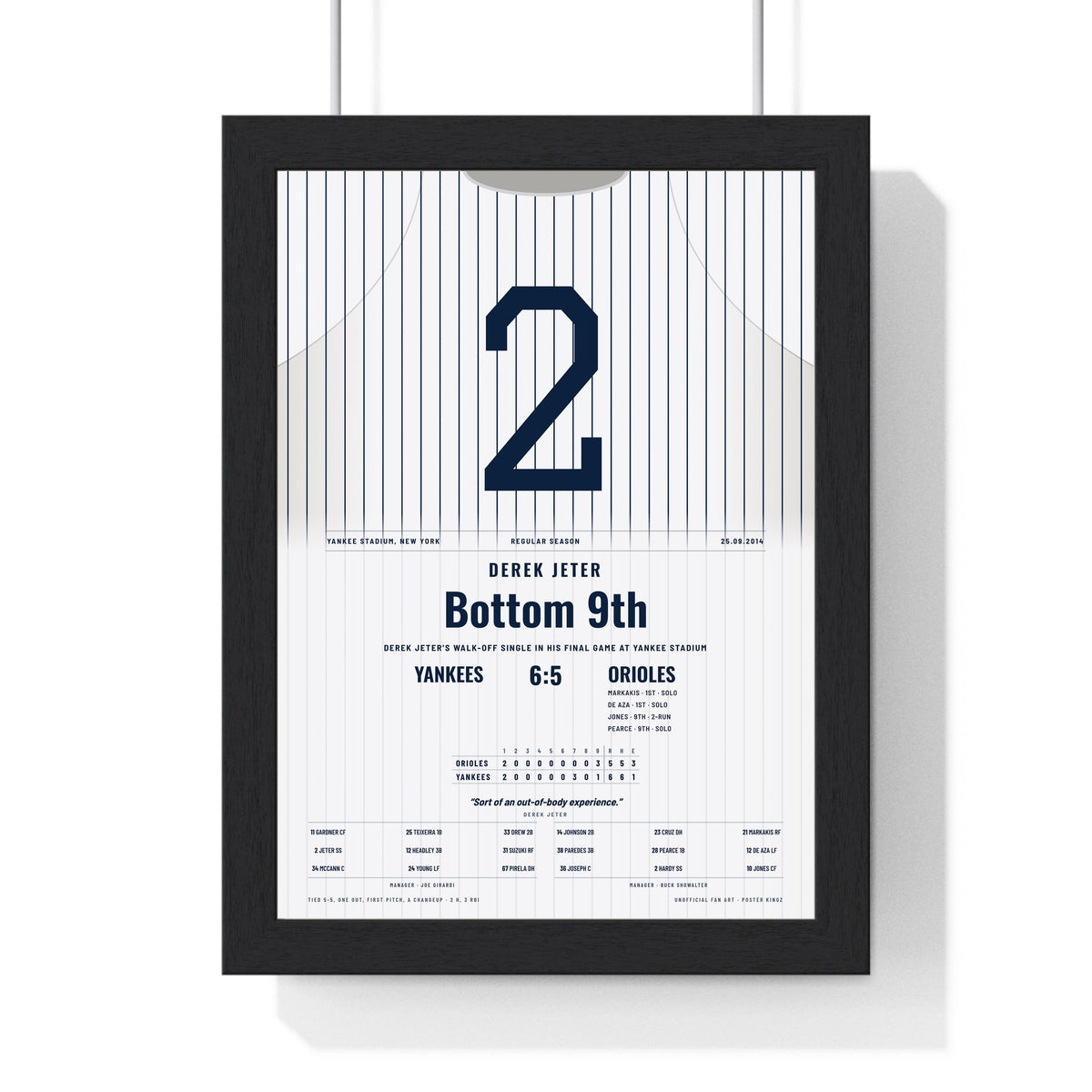 Derek Jeter 2014 Final Yankee Stadium Game Walk-Off Poster - New York Yankees 2 Jersey Print framed in a black frame, ready to hang
