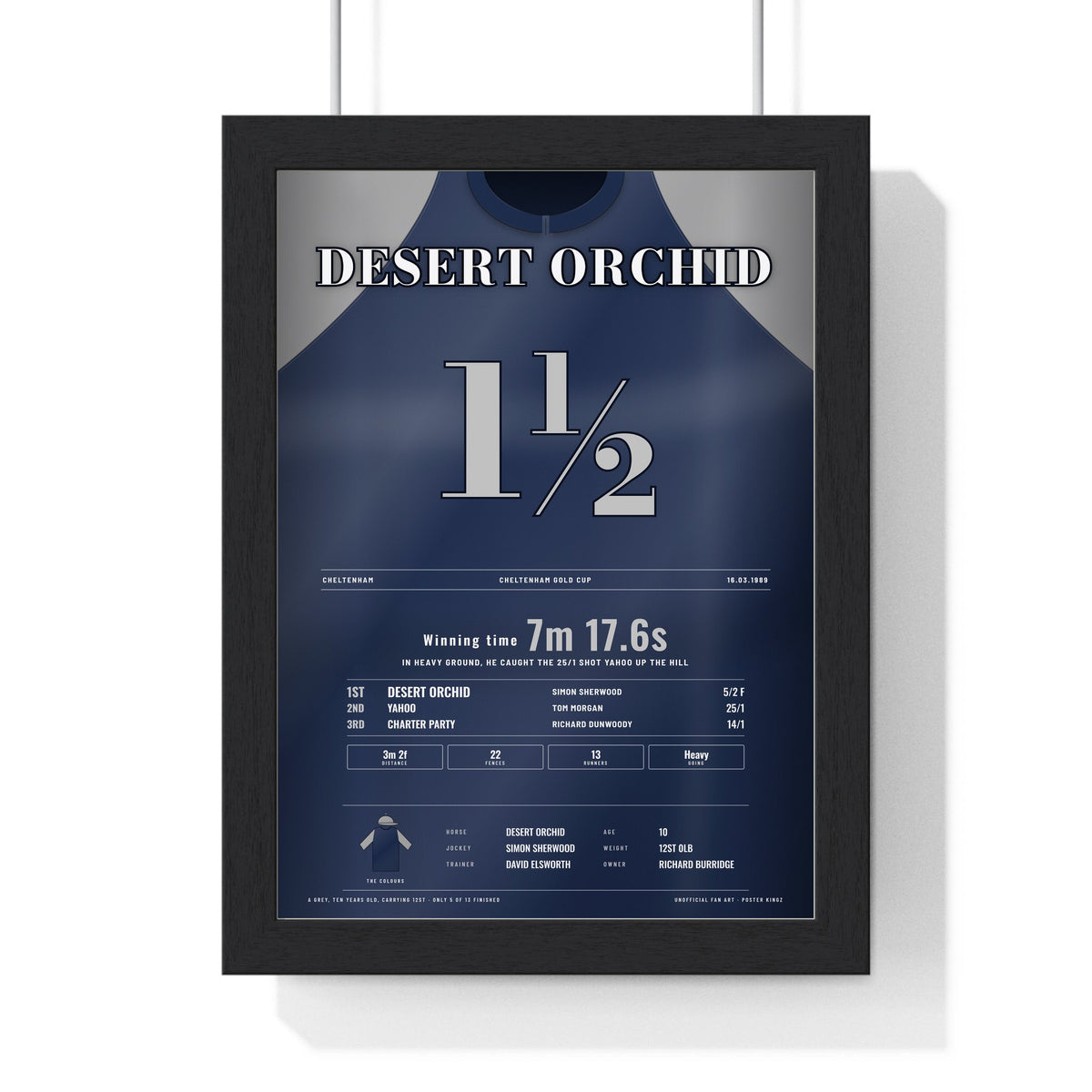 Desert Orchid Cheltenham Gold Cup 1989 Horse Racing Poster - Heavy Ground Win Silks Print framed in a black frame, ready to hang