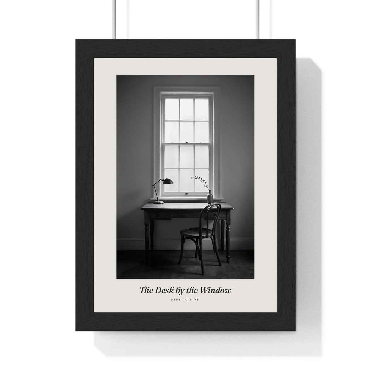 Desk by the Window Print - Home Office Wall Art framed in a black frame, ready to hang