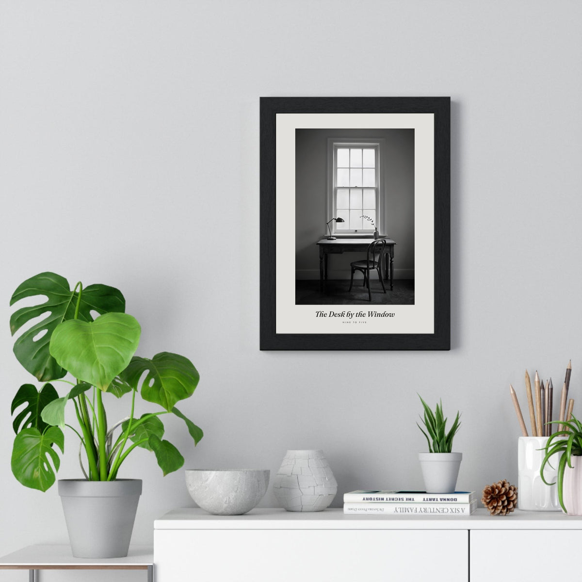 Desk by the Window Print - Home Office Wall Art framed on a living room wall