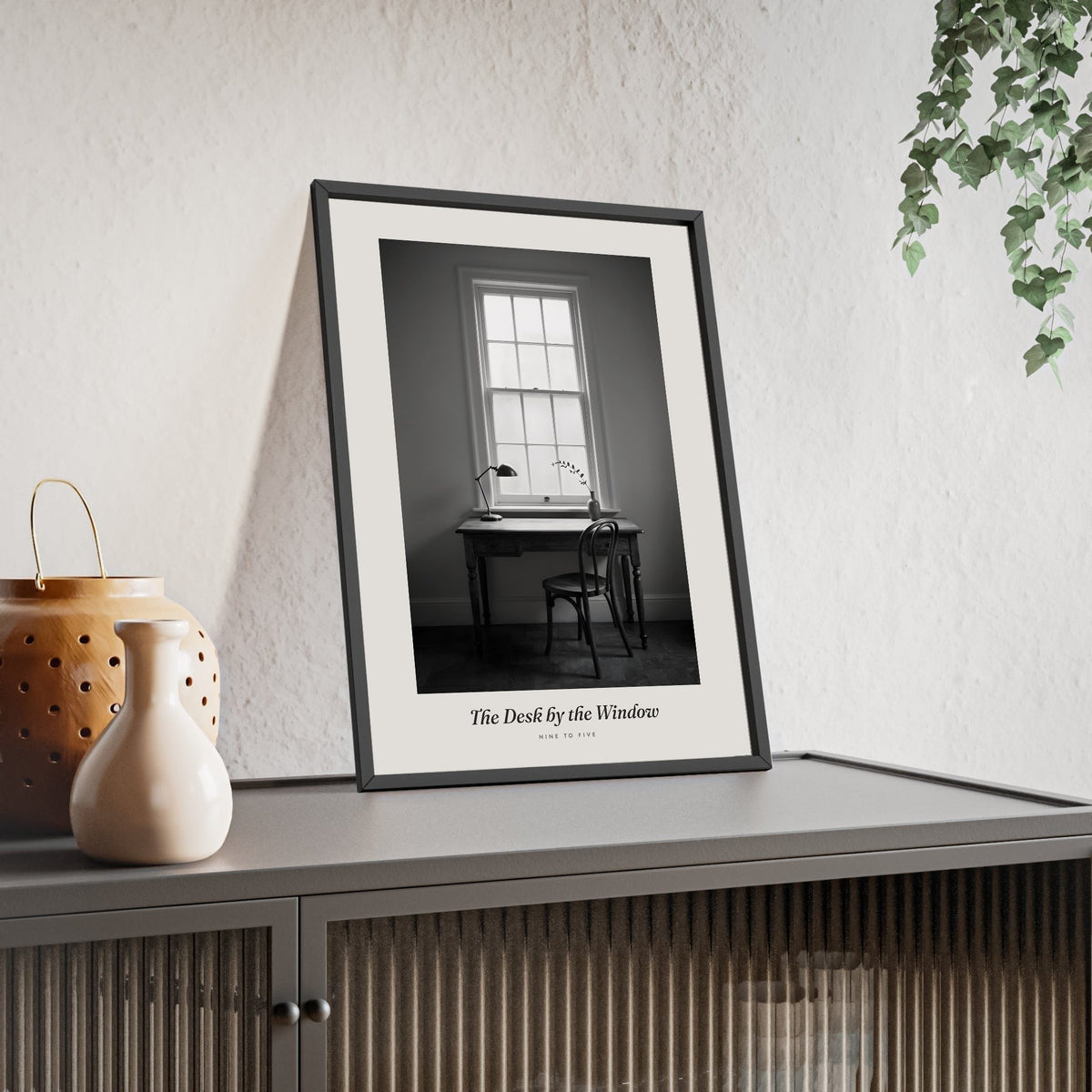 Desk by the Window Print - Home Office Wall Art framed and leaning on a sideboard