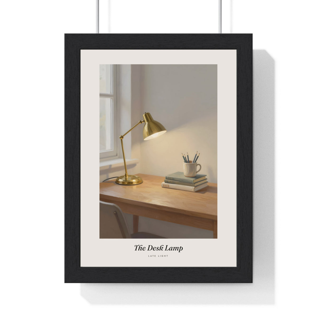 Desk Lamp Print - Home Office Wall Art framed in a black frame, ready to hang