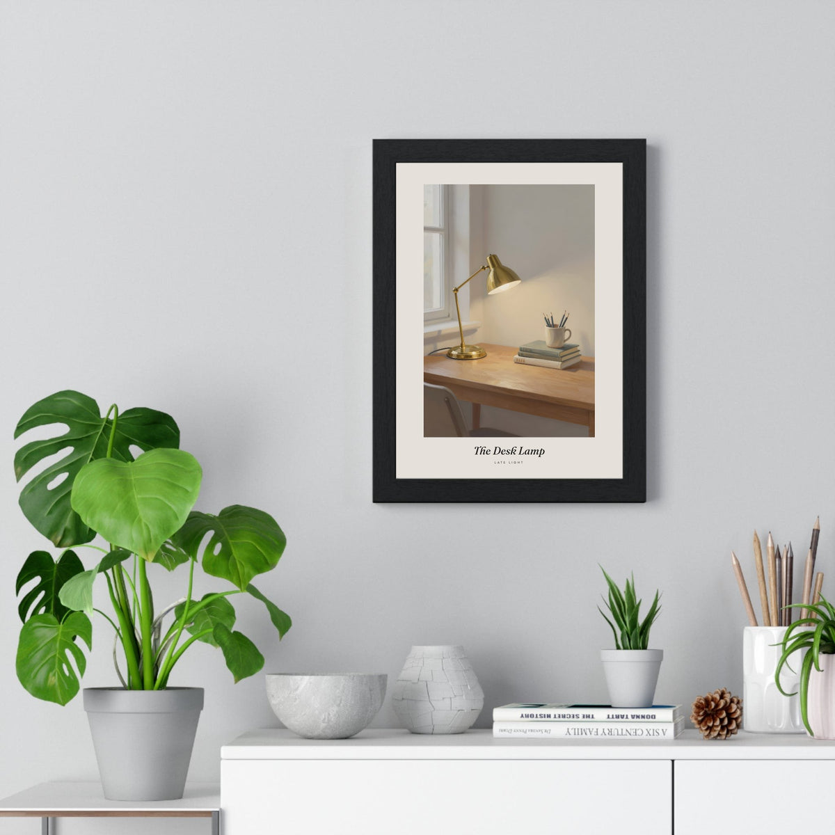 Desk Lamp Print - Home Office Wall Art framed on a living room wall