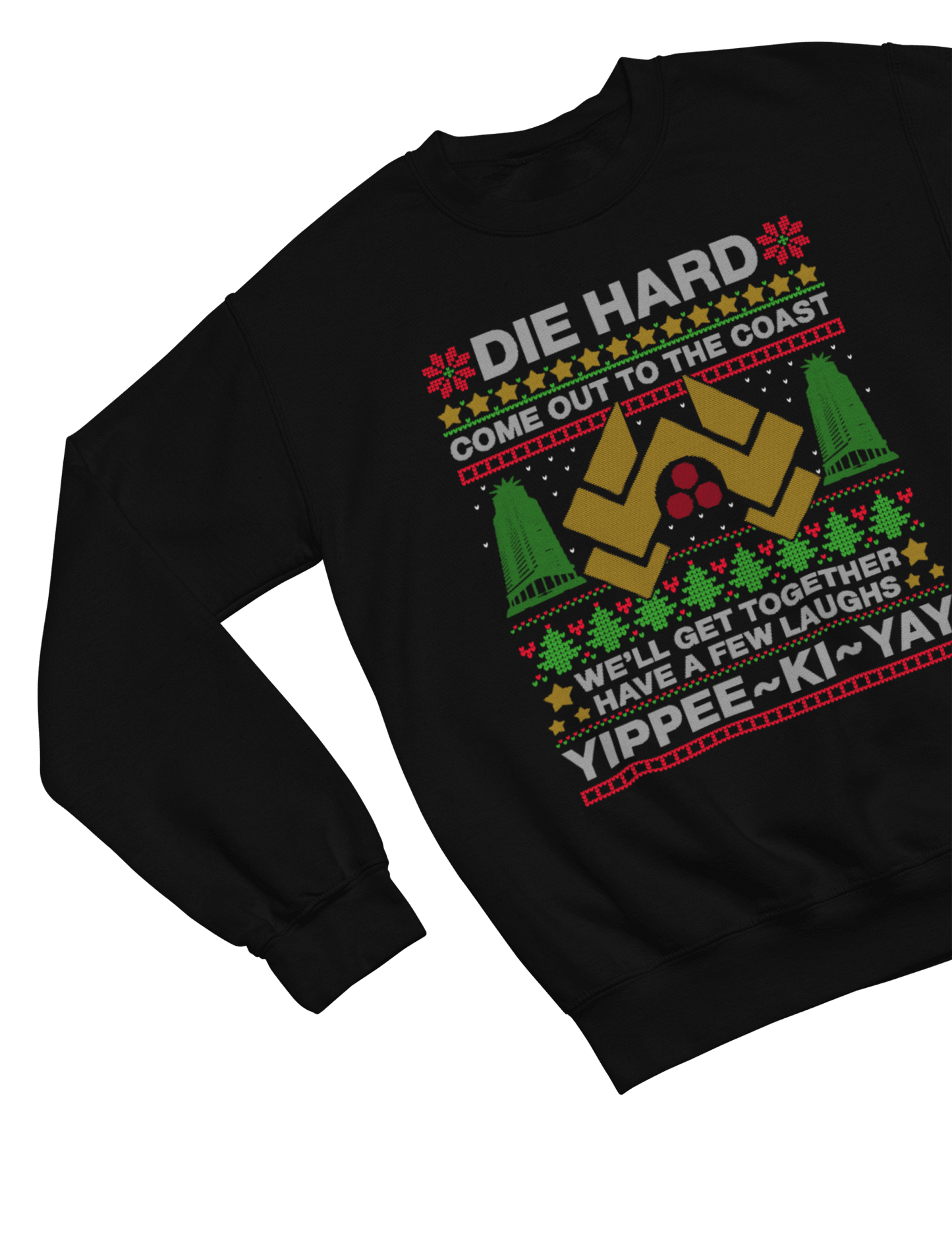 Green t-shirt with Die Hard Christmas Jumper & - Yippee Ki-Yay Parody back view