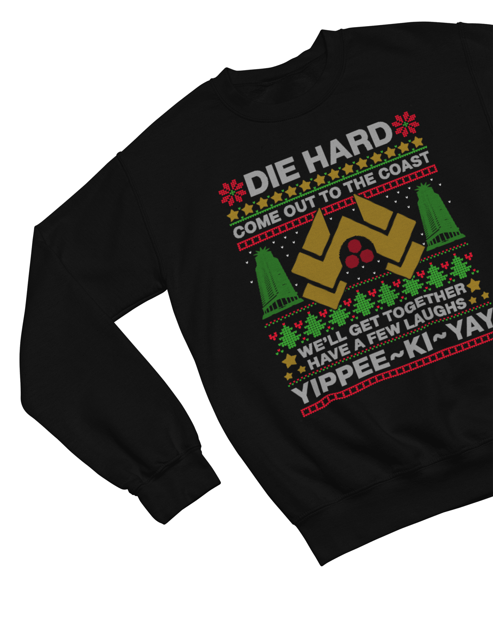Green t-shirt with Die Hard Christmas Jumper & - Yippee Ki-Yay Parody back view