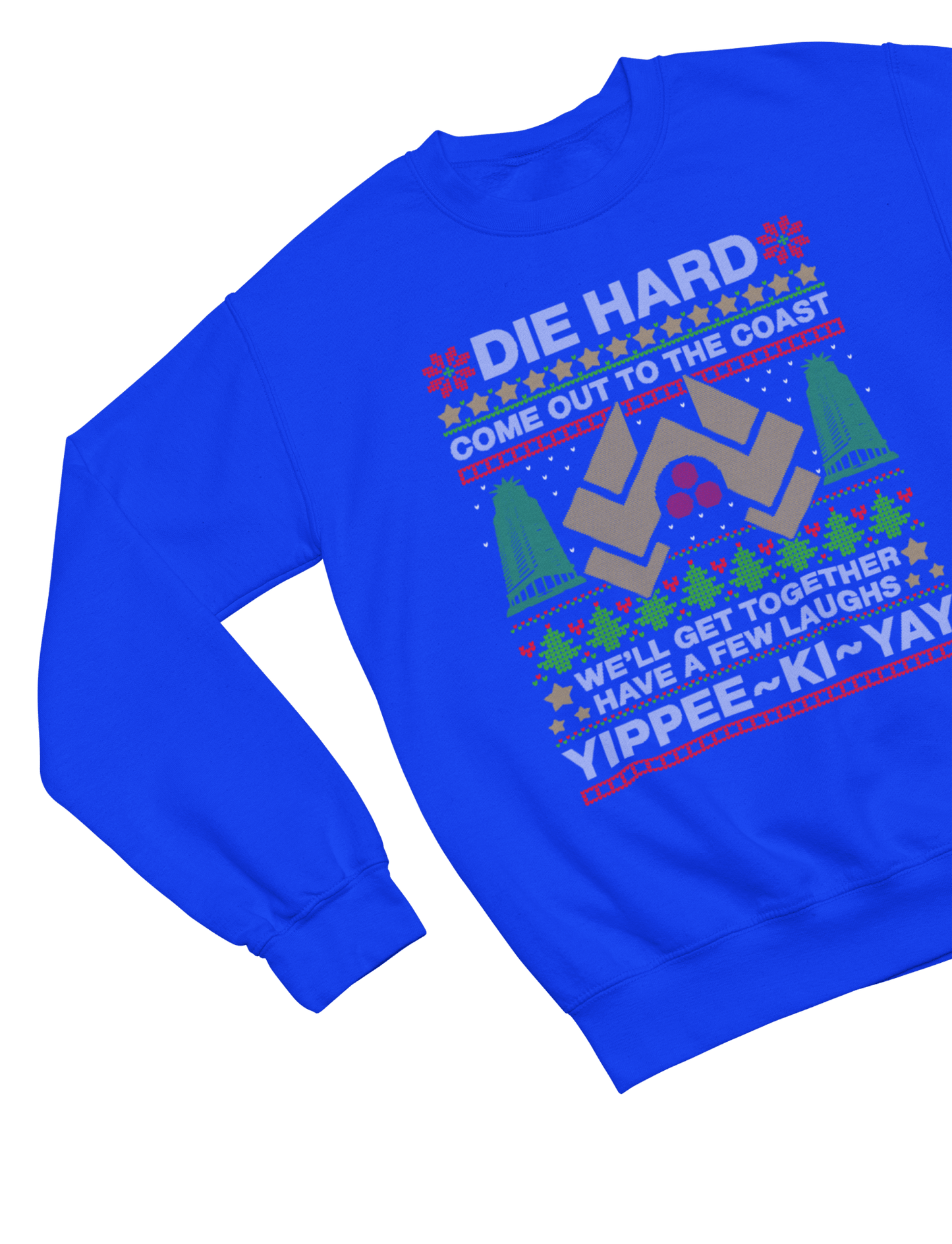 Blue t-shirt with Die Hard Christmas Jumper & - Yippee Ki-Yay Parody wall display