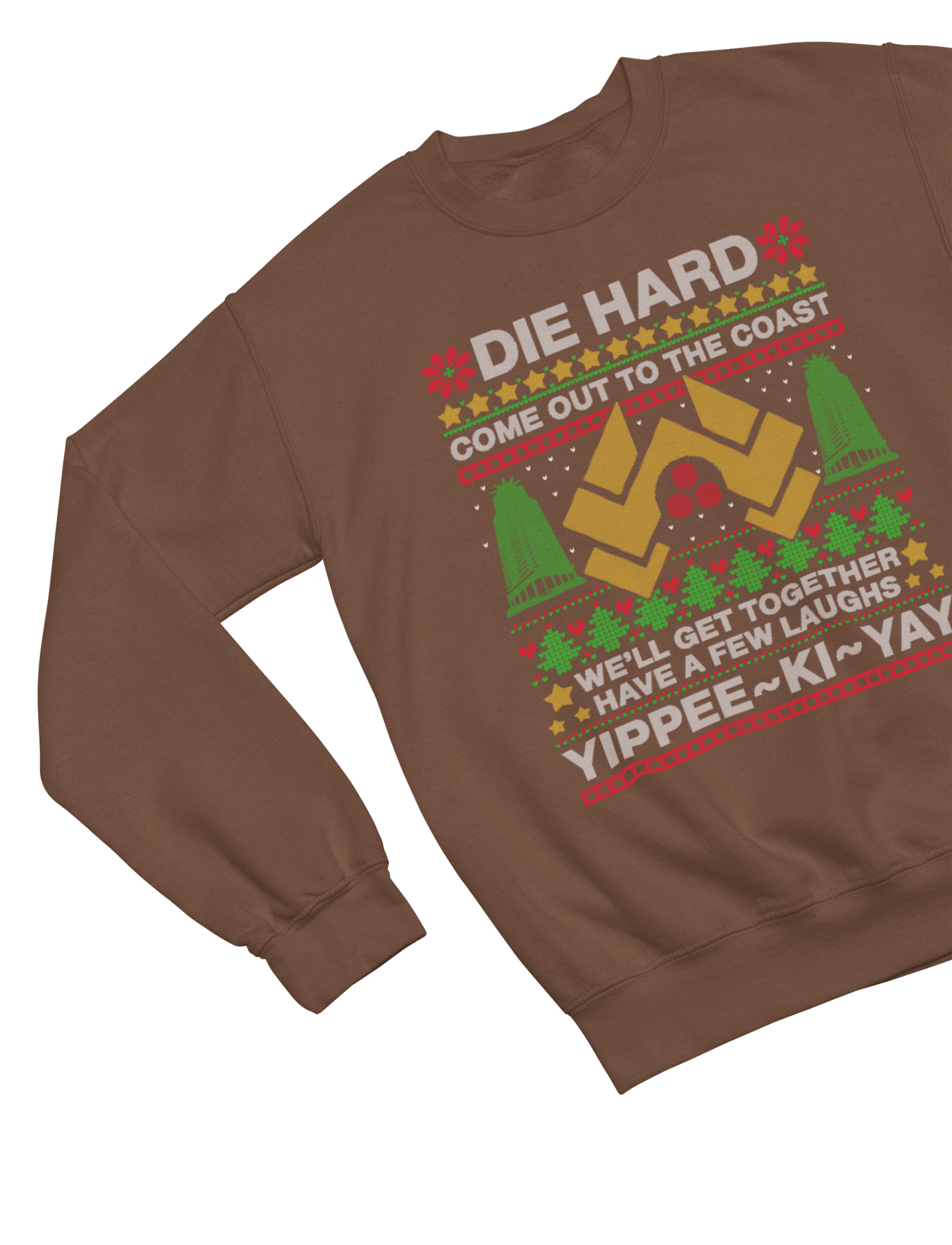 Grey t-shirt with Die Hard Christmas Jumper & - Yippee Ki-Yay Parody close-up
