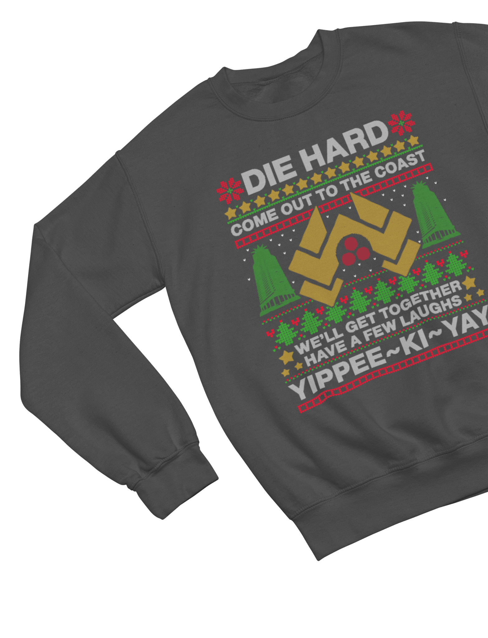 Black t-shirt with Die Hard Christmas Jumper & - Yippee Ki-Yay Parody close-up