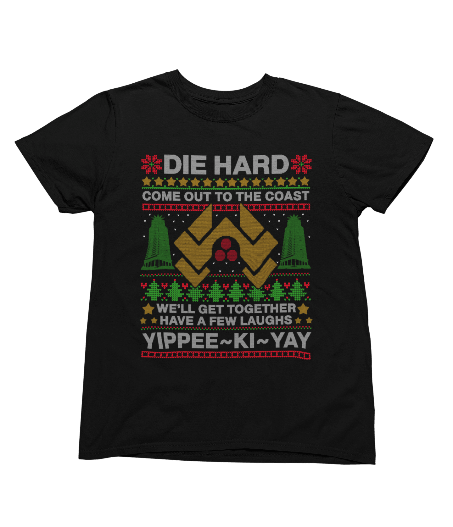 Green t-shirt with Die Hard Christmas Jumper & - Yippee Ki-Yay Parody close-up
