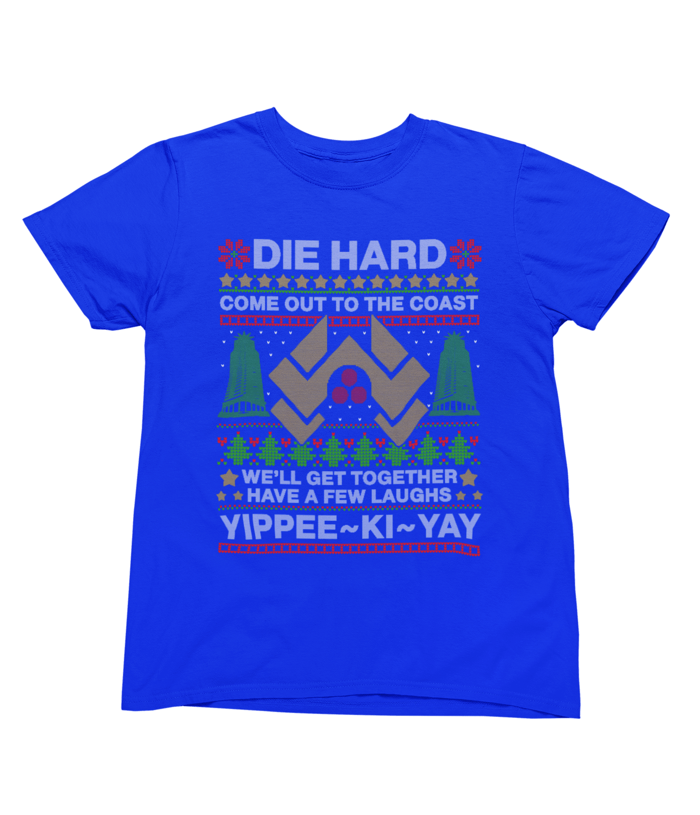 Grey t-shirt with Die Hard Christmas Jumper & - Yippee Ki-Yay Parody flat lay