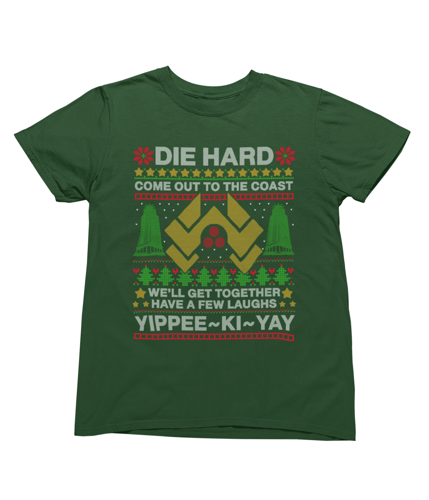 Grey t-shirt with Die Hard Christmas Jumper & - Yippee Ki-Yay Parody front view