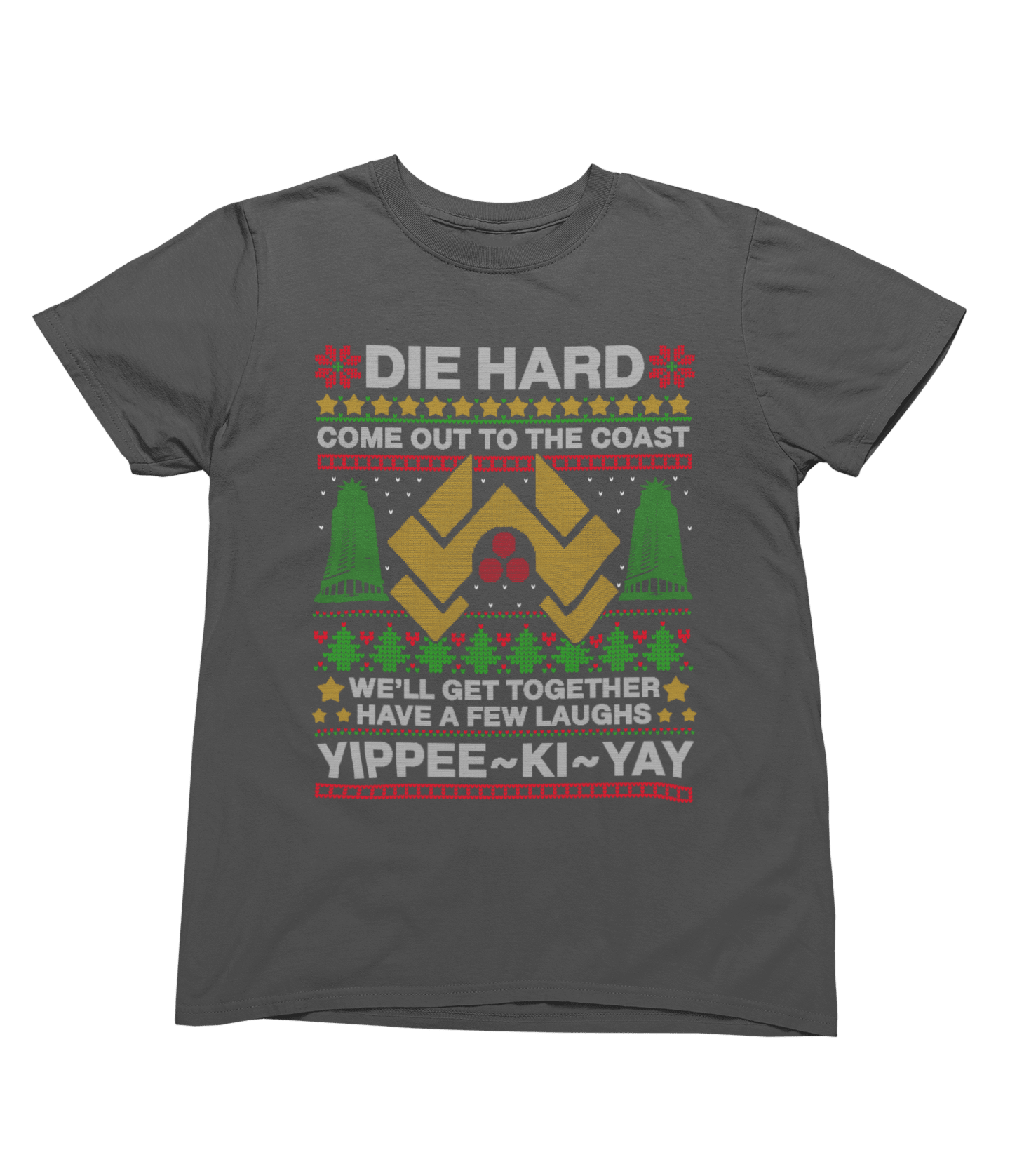 Black t-shirt with Die Hard Christmas Jumper & - Yippee Ki-Yay Parody wall display