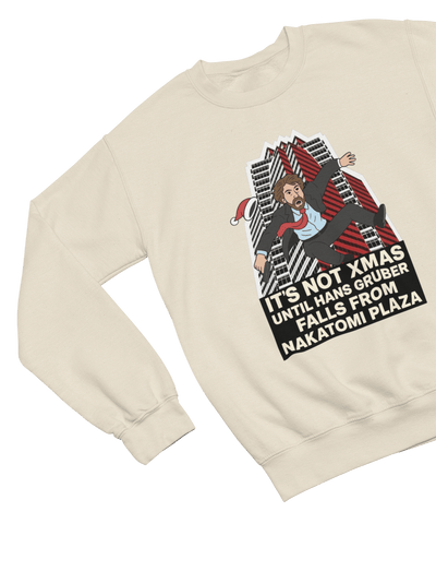 Beige t-shirt with Die Hard Christmas Sweatshirt & Hans Gruber Parody