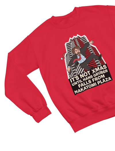 Grey t-shirt with Die Hard Christmas Sweatshirt & Hans Gruber Parody