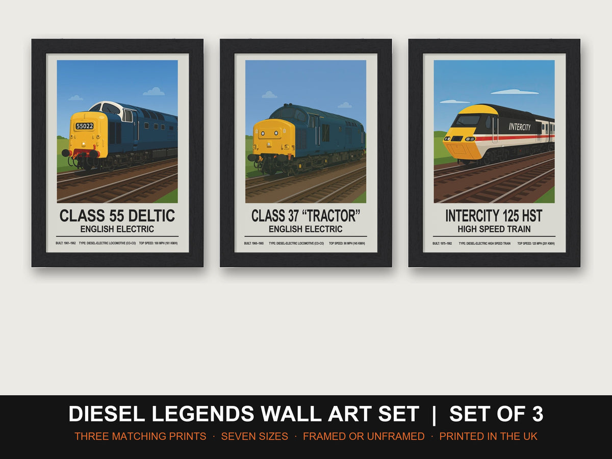 Diesel Legends Wall Art Set | Set of 3 Train Prints: Deltic, Class 37, InterCity 125