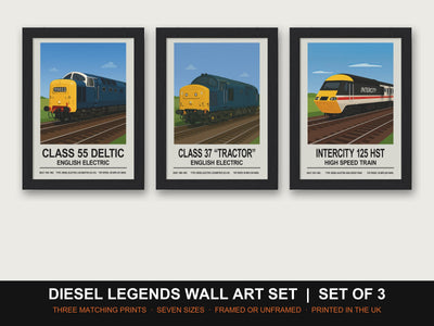 Diesel Legends Wall Art Set | Set of 3 Train Prints: Deltic, Class 37, InterCity 125