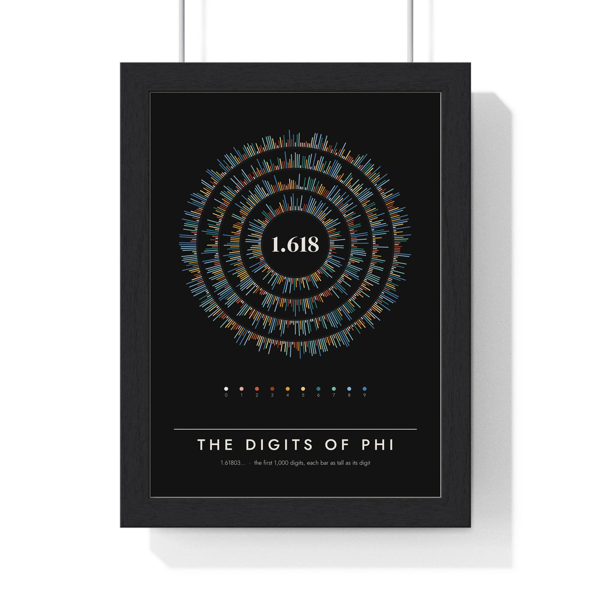 Digits of Phi print framed in a black frame, ready to hang