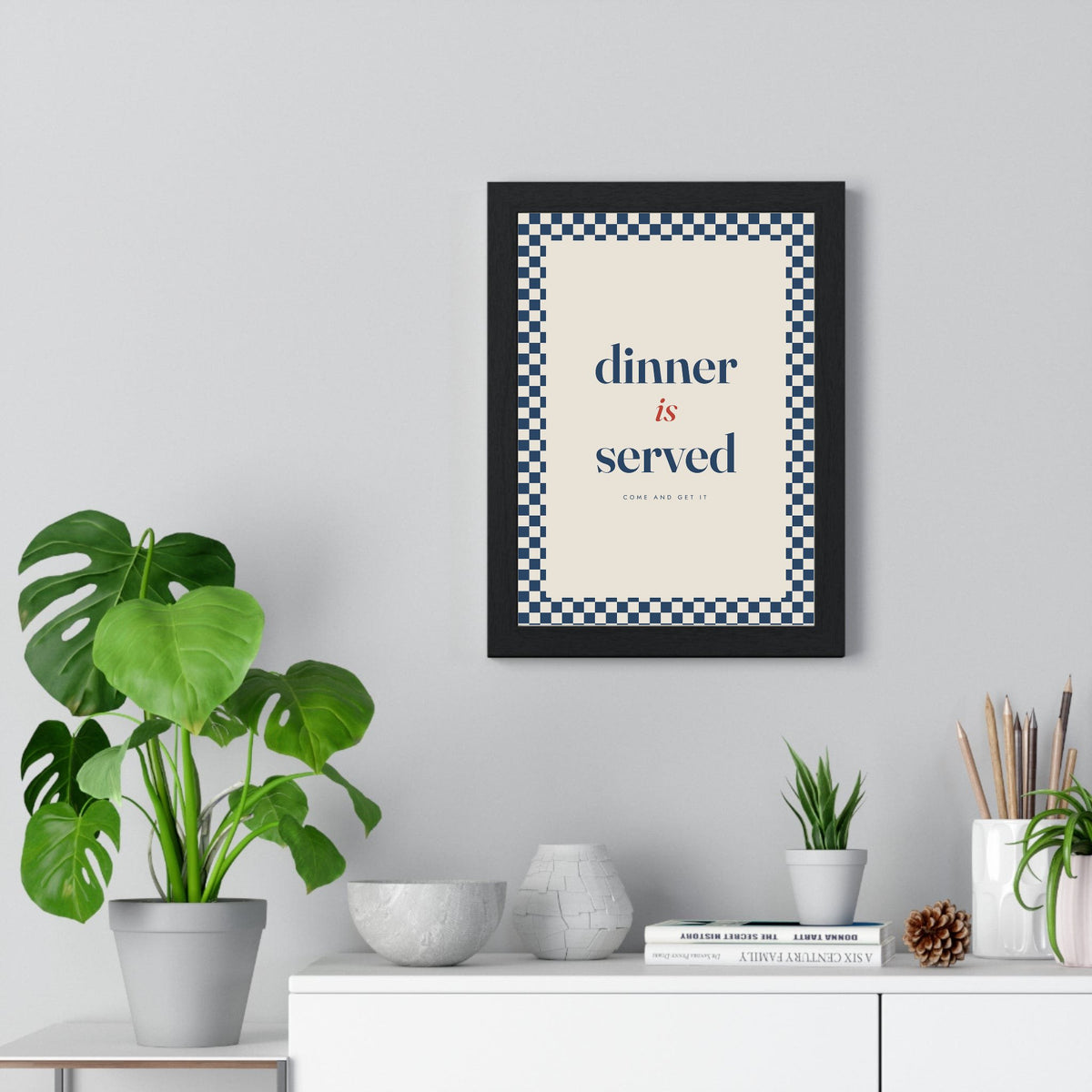 Dinner Is Served Print framed on a living room wall