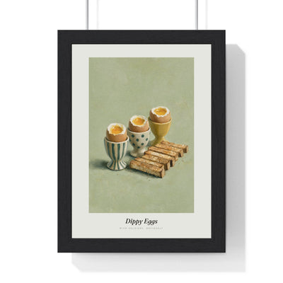 Dippy Eggs and Soldiers Print framed in a black frame, ready to hang