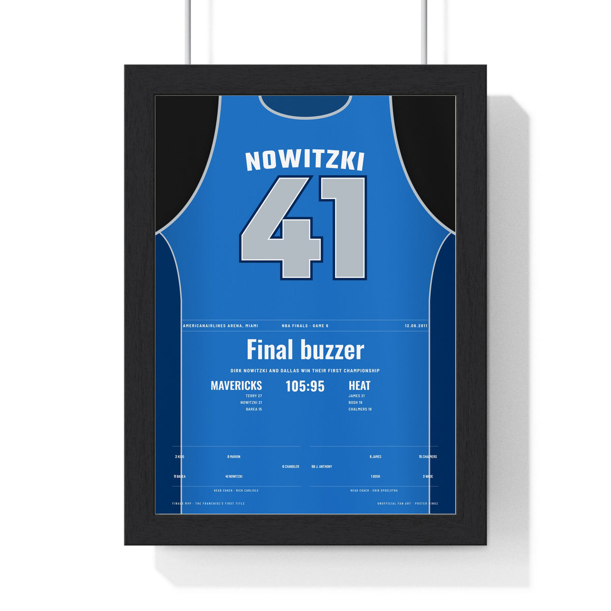 Dirk Nowitzki 2011 NBA Finals Poster - Dallas Mavericks 41 Championship Jersey Print framed in a black frame, ready to hang