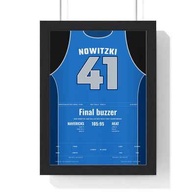 Dirk Nowitzki 2011 NBA Finals Poster - Dallas Mavericks 41 Championship Jersey Print framed in a black frame, ready to hang