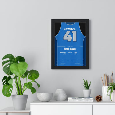 Dirk Nowitzki 2011 NBA Finals Poster - Dallas Mavericks 41 Championship Jersey Print framed on a living room wall