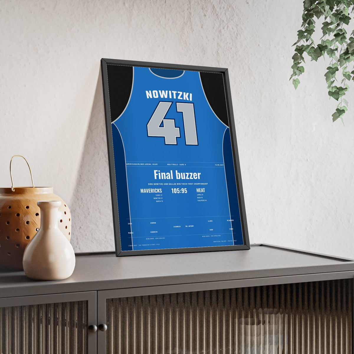 Dirk Nowitzki 2011 NBA Finals Poster - Dallas Mavericks 41 Championship Jersey Print framed and leaning on a sideboard