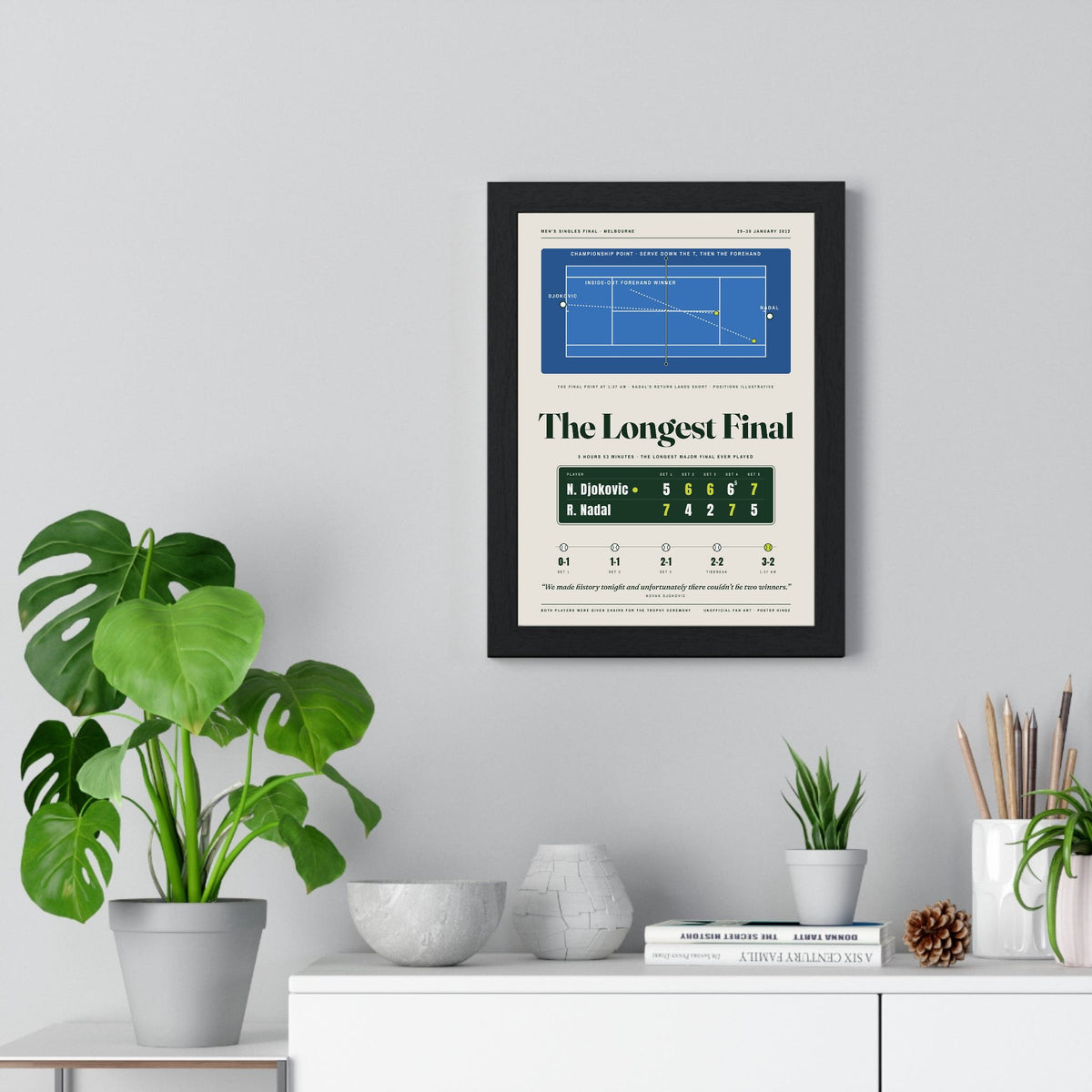 The Longest Final 2012 Tennis print framed on a living room wall