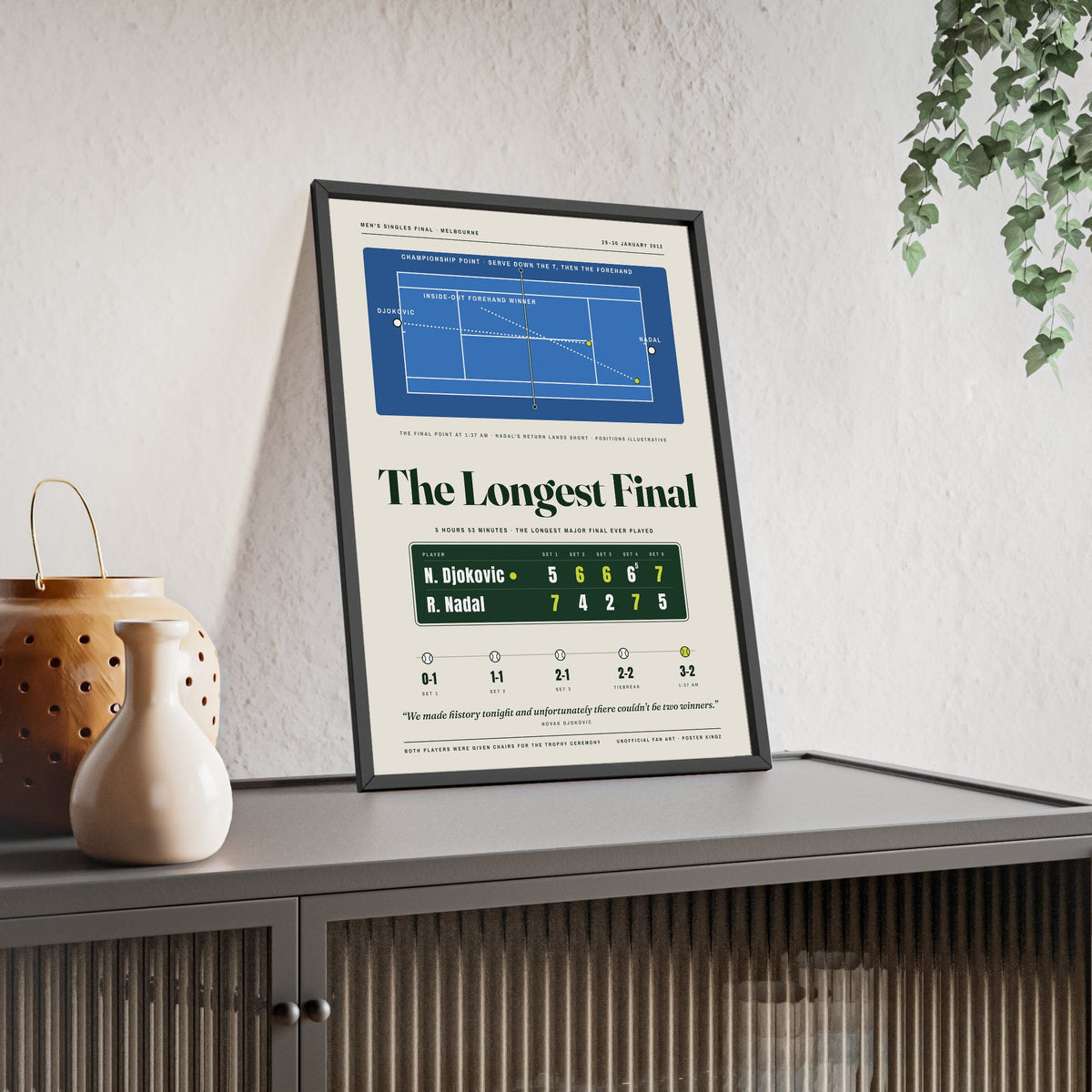 The Longest Final 2012 Tennis print framed and leaning on a sideboard