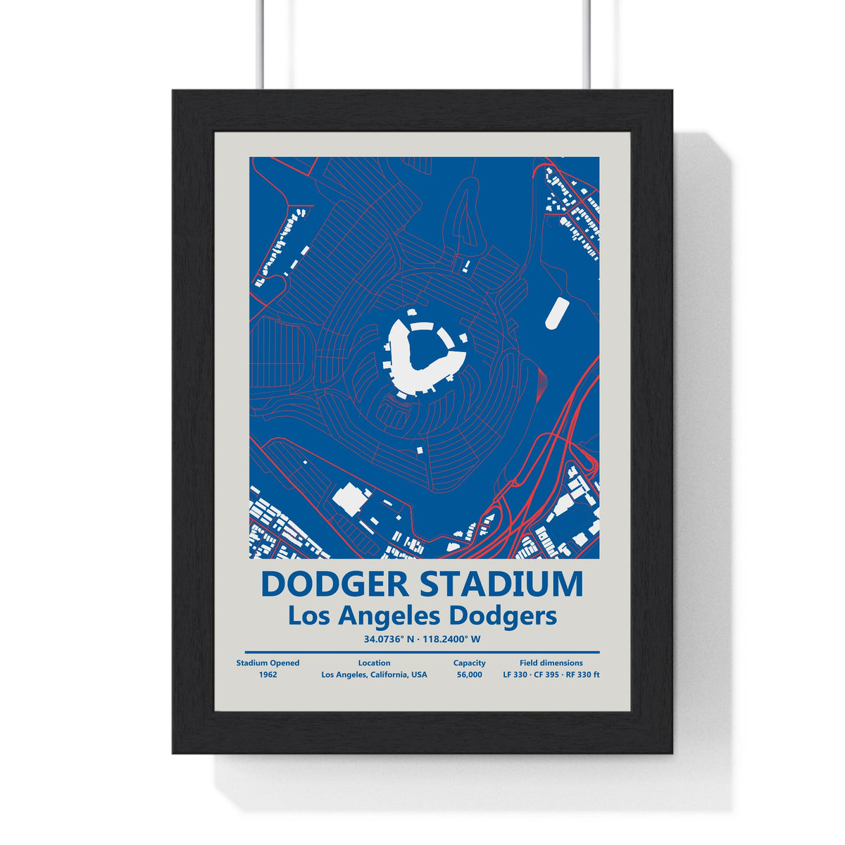 Dodger Stadium map print framed in a black frame, ready to hang