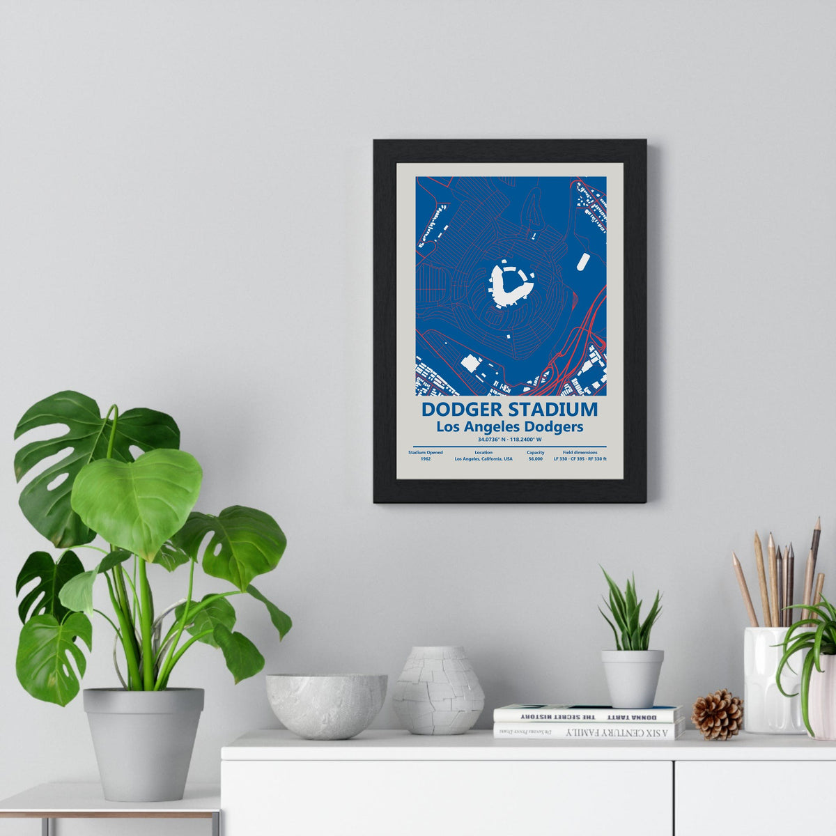 Dodger Stadium map print framed on a living room wall