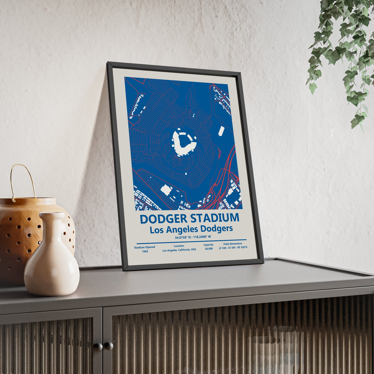 Dodger Stadium map print framed and leaning on a sideboard