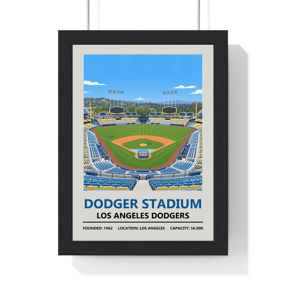 Dodger Stadium Los Angeles Dodgers print framed in a black frame, ready to hang