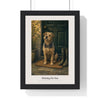 Dog Waiting at the Door Print framed in a black frame, ready to hang