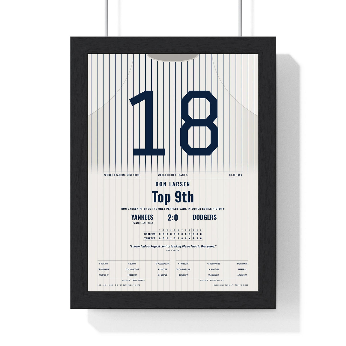Don Larsen 1956 World Series Perfect Game Poster - New York Yankees 18 Jersey Print framed in a black frame, ready to hang