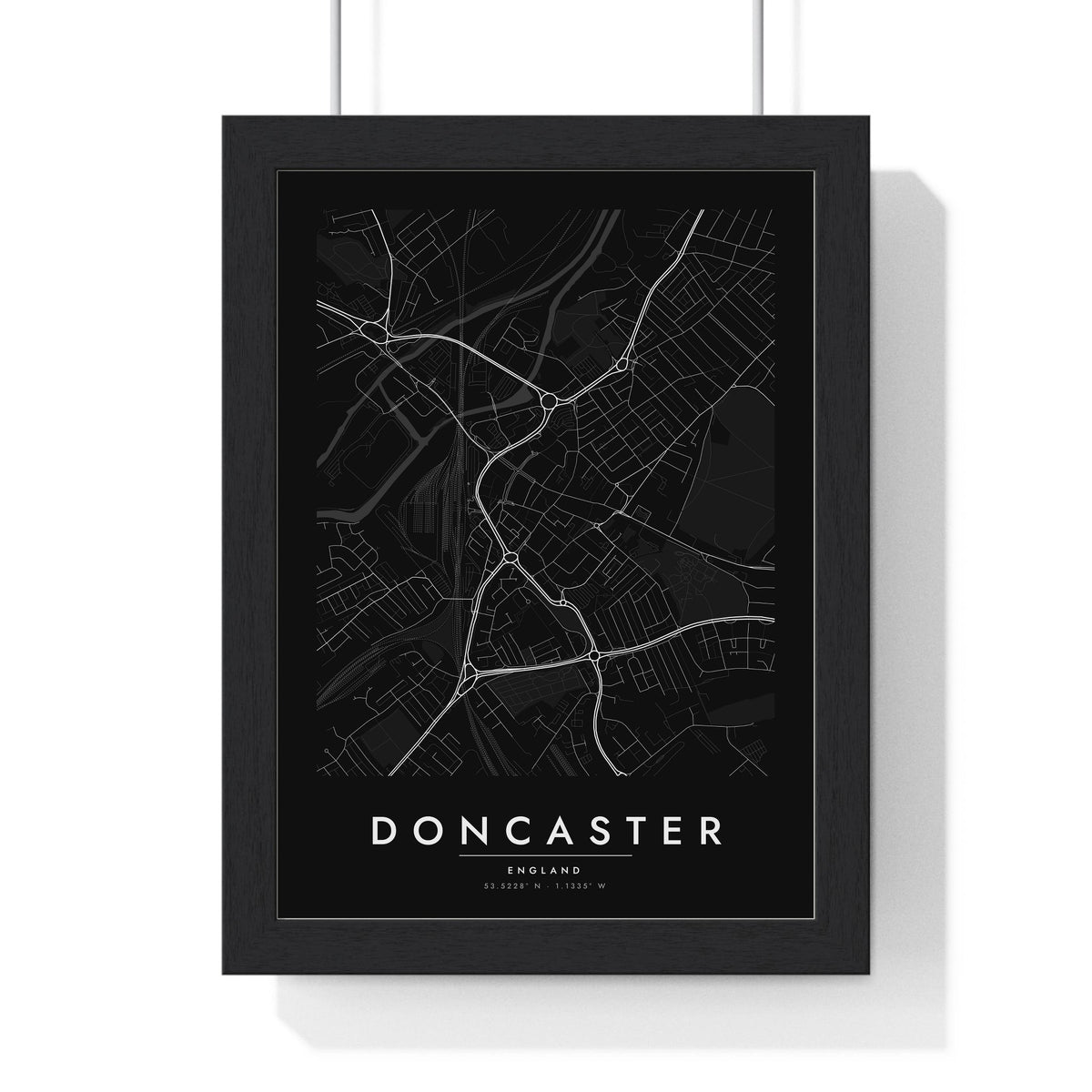 Doncaster street map poster in black, minimal city map print framed in a black frame