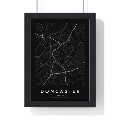 Doncaster street map poster in black, minimal city map print framed in a black frame