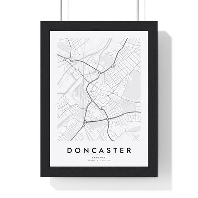 Doncaster street map poster in white, minimal city map print framed in a black frame