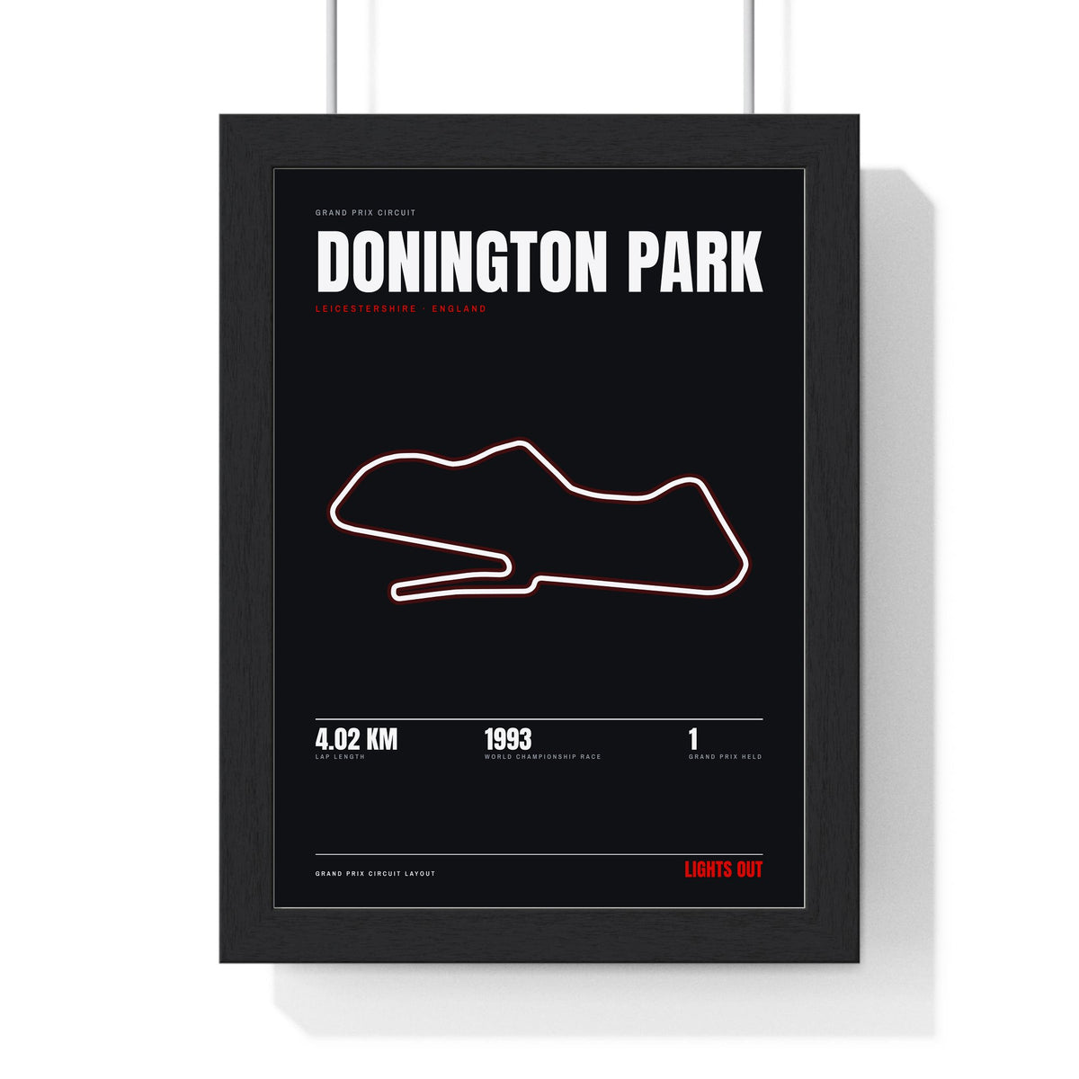 Donington Park Circuit print framed in a black frame, ready to hang